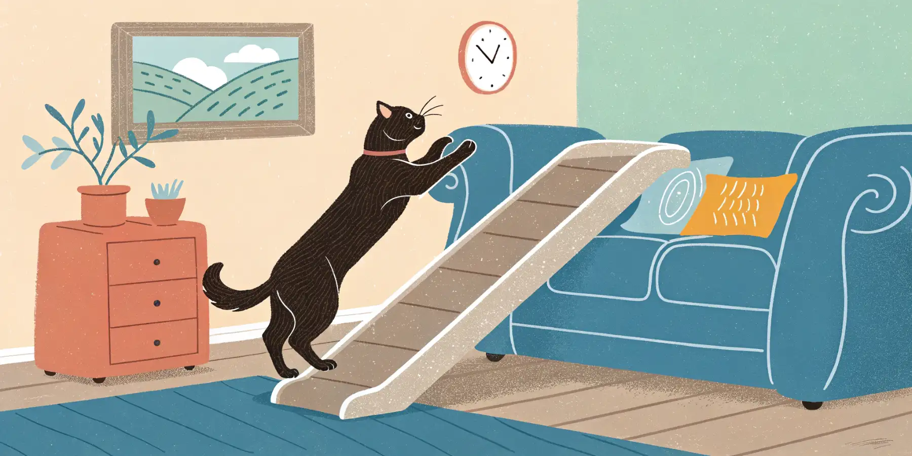 Cat using a pet ramp to get onto a sofa