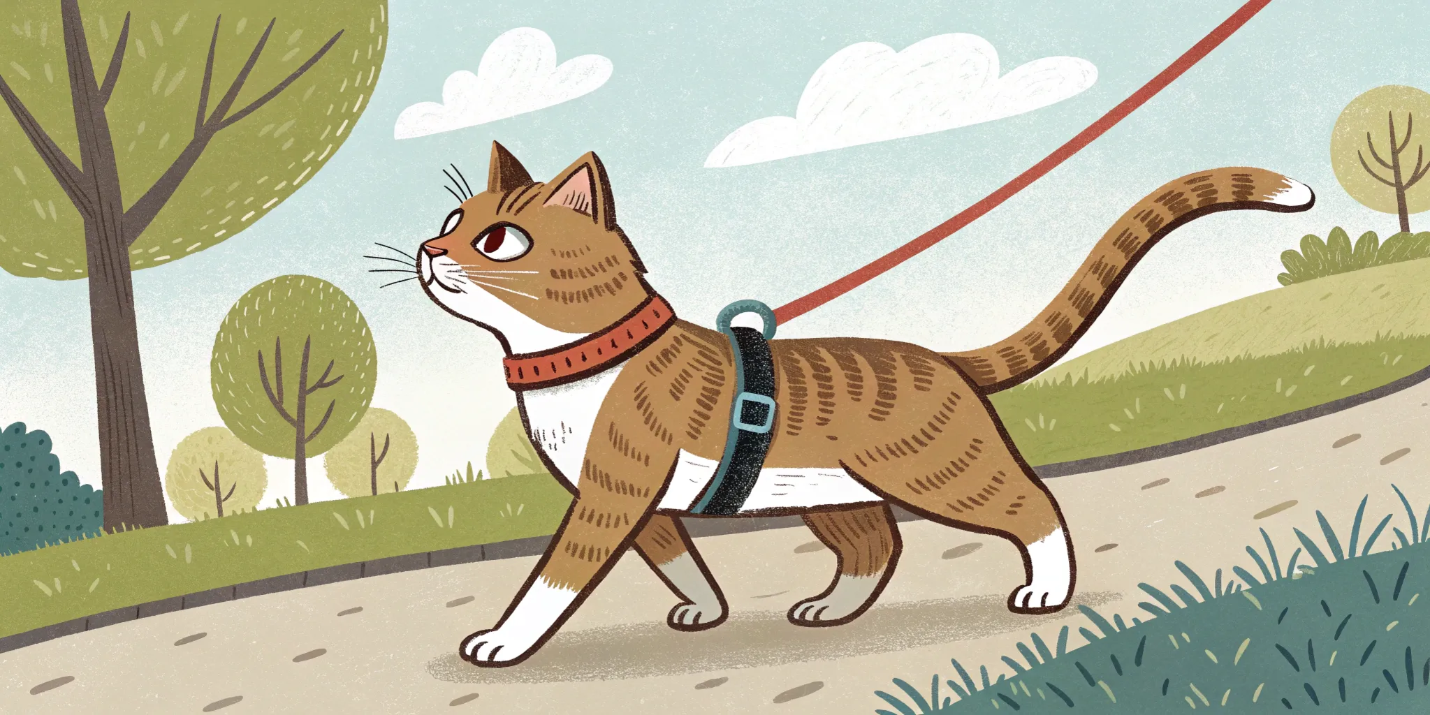 Cat wearing a harness and leash