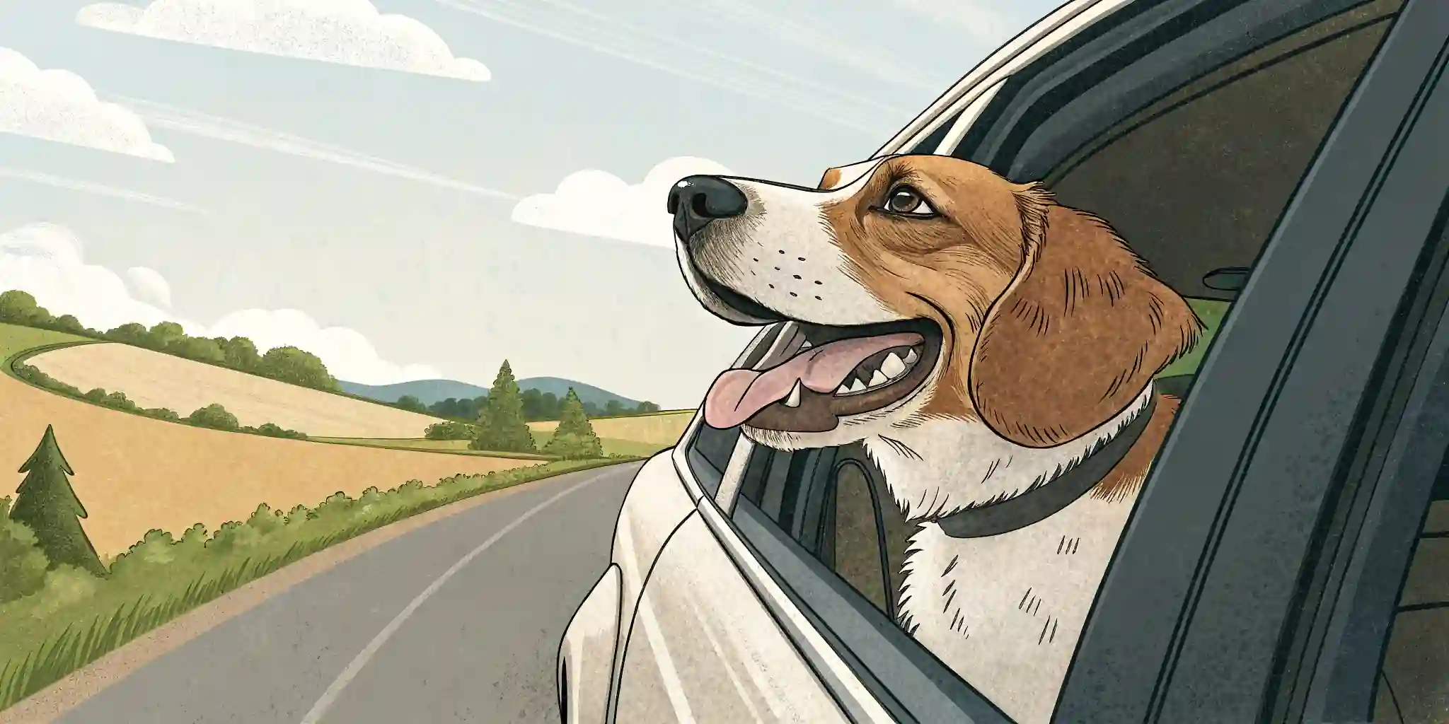 Dog happily sticking its head out of a car window.