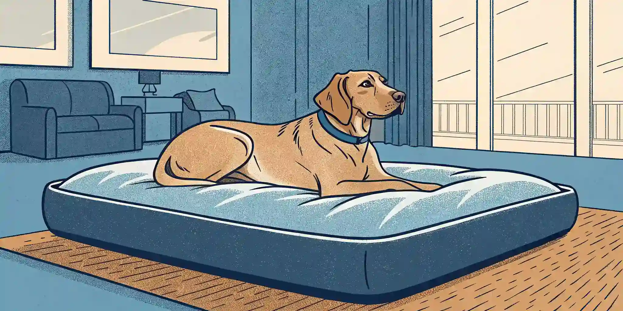 Dog relaxing comfortably in a hotel room.