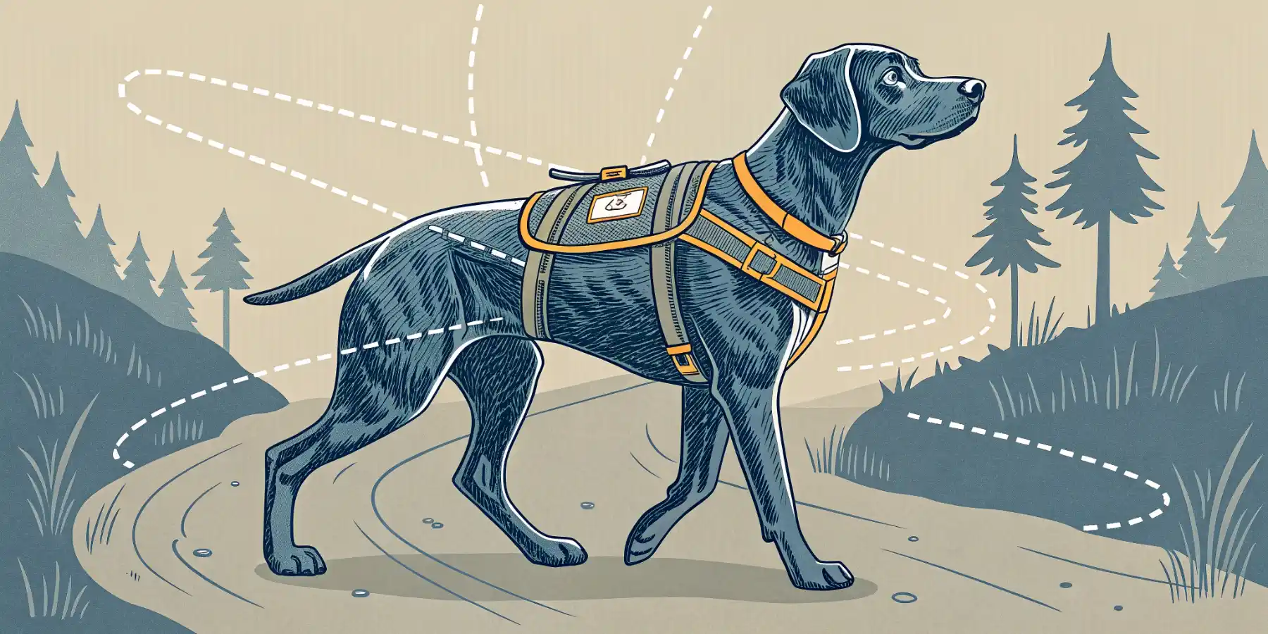 Dog using a halo harness to navigate