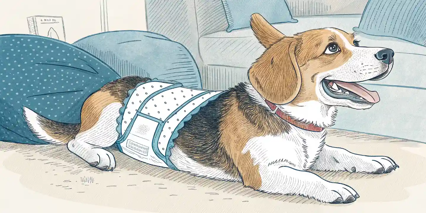 Dog wearing a diaper, happily resting.