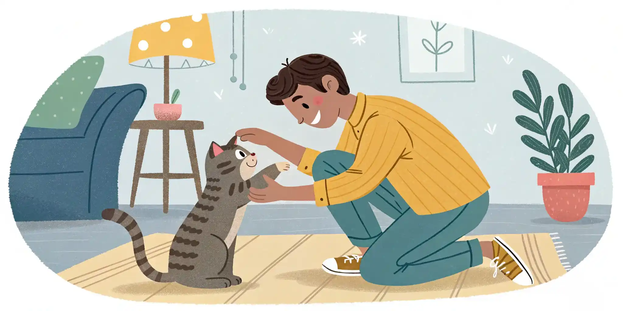 Owner playing with their cat indoors, both smiling and engaged