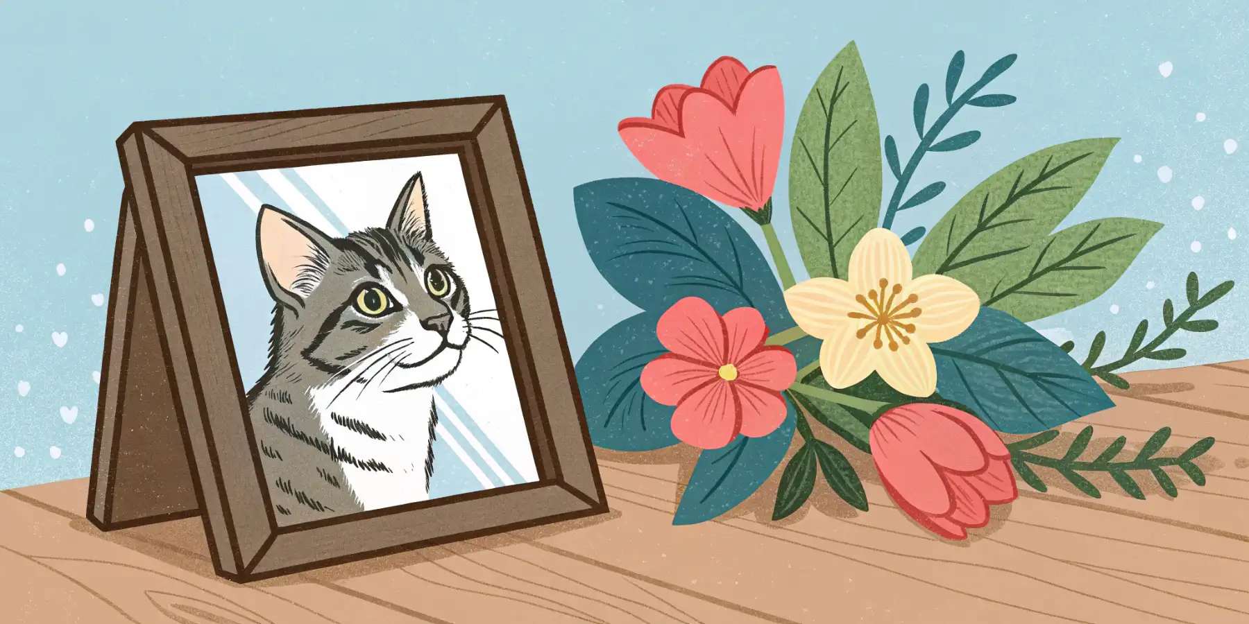 Pet memorial with cat photo and flowers