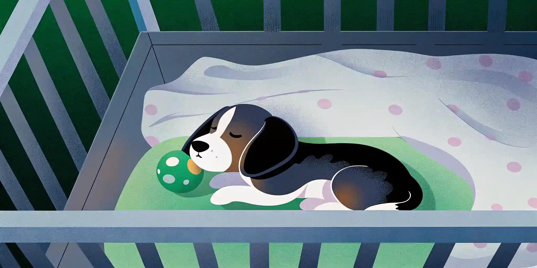 Puppy sleeping in a crate with a soft blanket and toy