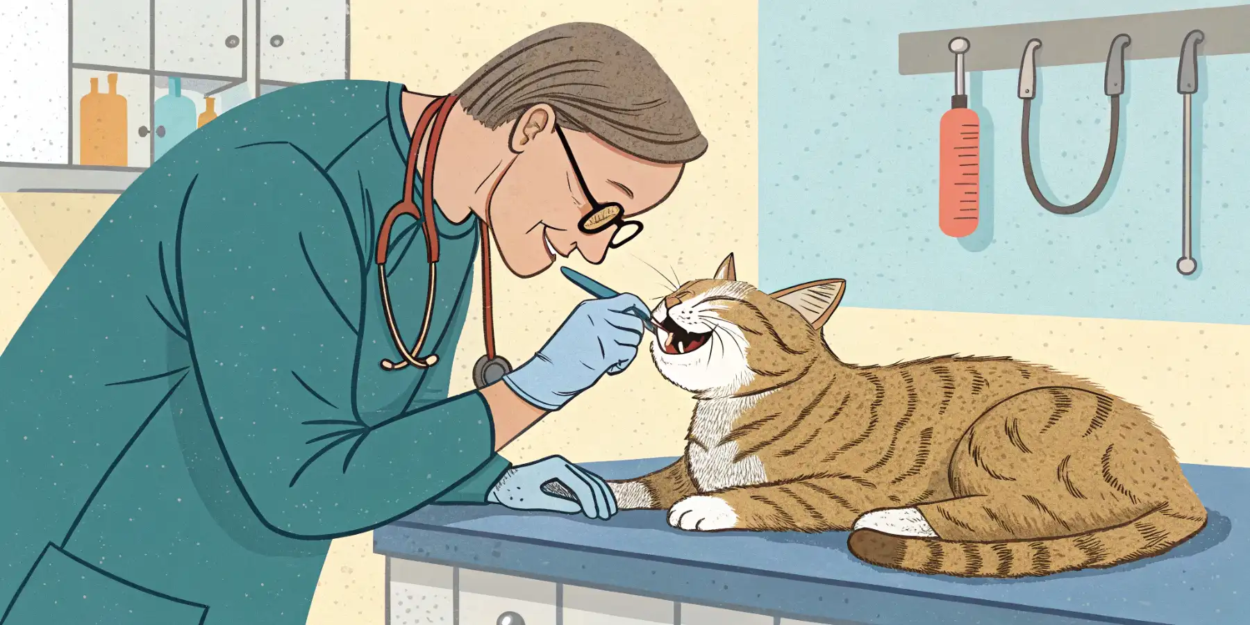 Senior cat receiving dental examination