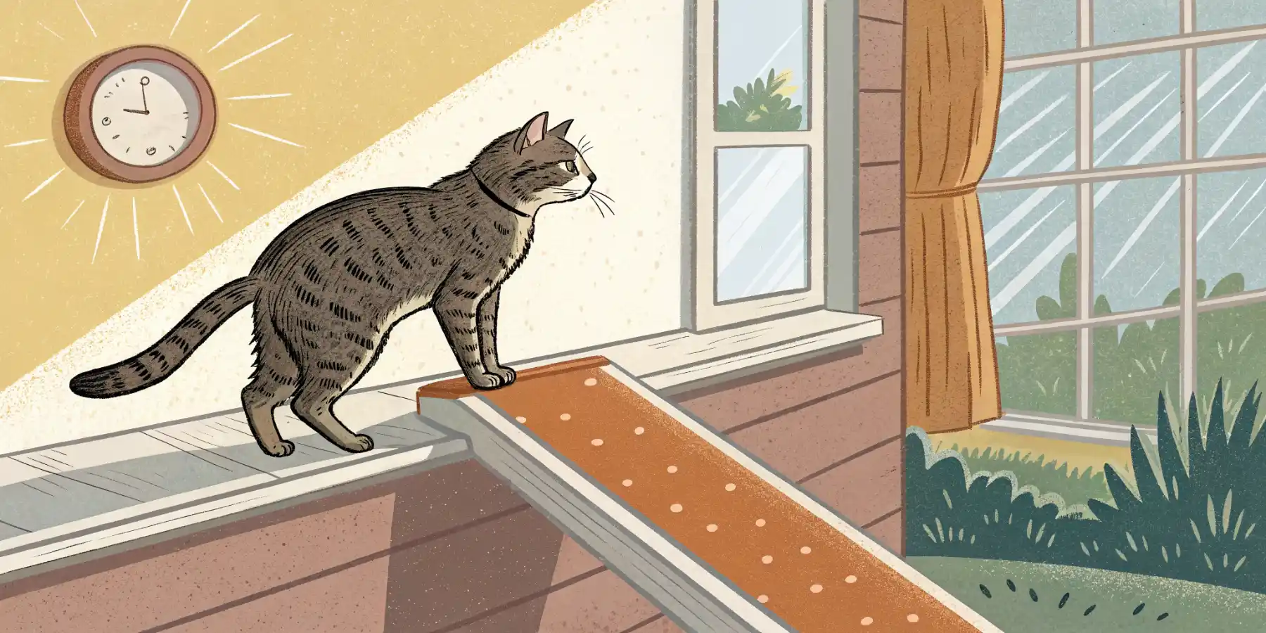 Senior cat using a ramp to access a favorite window perch
