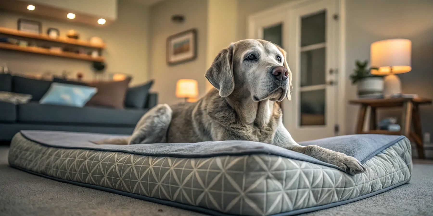 Senior dog lying on a comfortable orthopedic bed