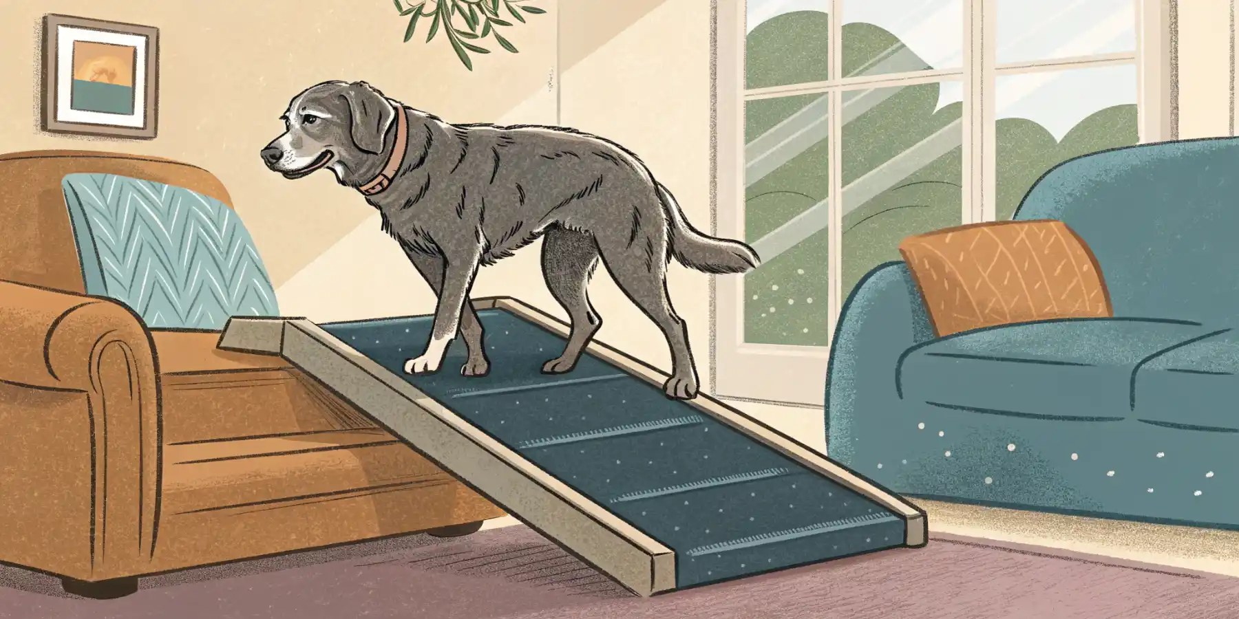 Senior dog using a ramp to get onto a couch