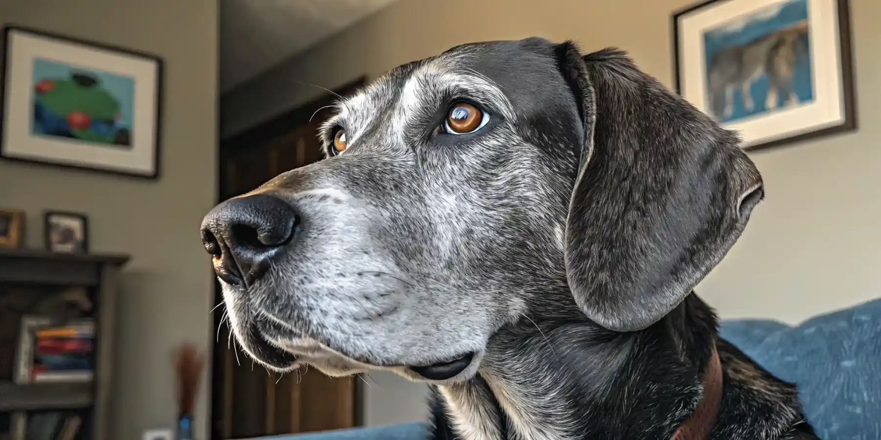 Senior dog with graying muzzle and cataracts