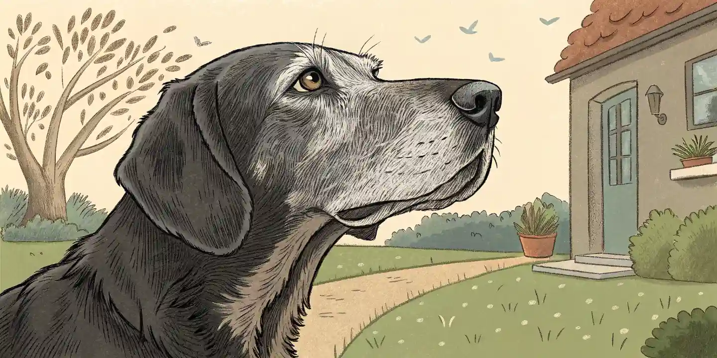 Senior dog with head tilted, seemingly listening intently