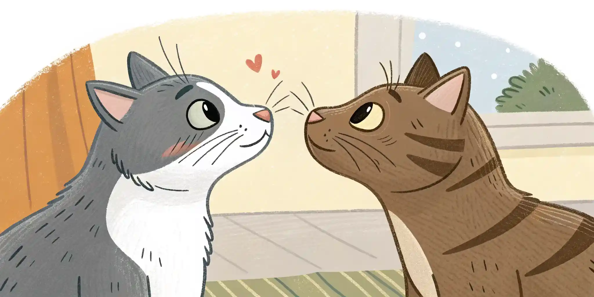 Two cats sniffing each other nose-to-nose, with a calm and curious demeanor.