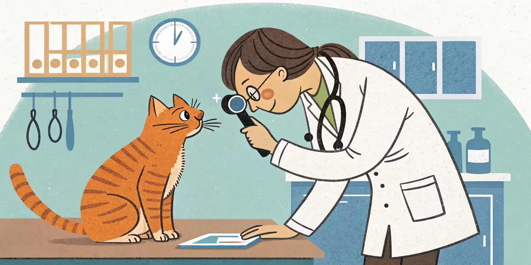 A veterinarian examining a senior cat's eyes
