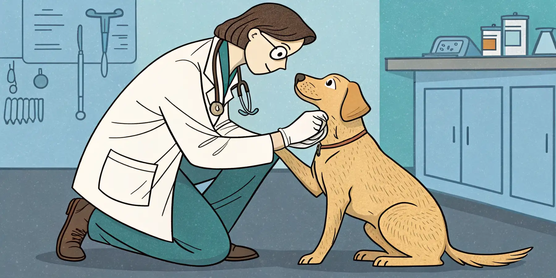 Veterinarian examining a senior dog's leg