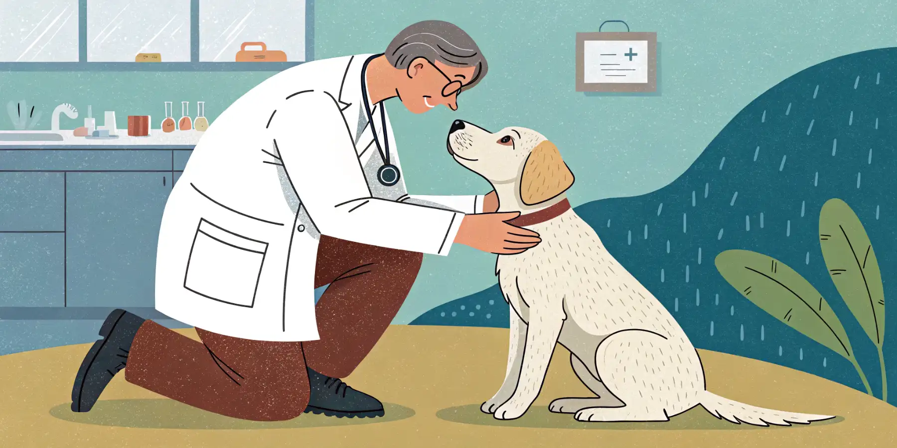Veterinarian examining a senior dog's leg