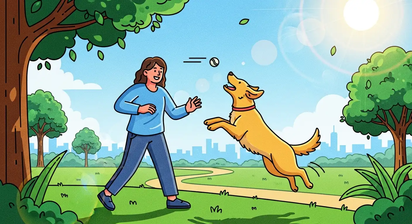 Owner and happy dog playing fetch in a sunny park