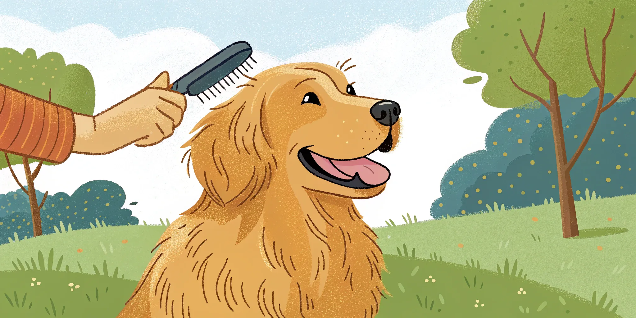 Happy golden retriever being brushed outdoors
