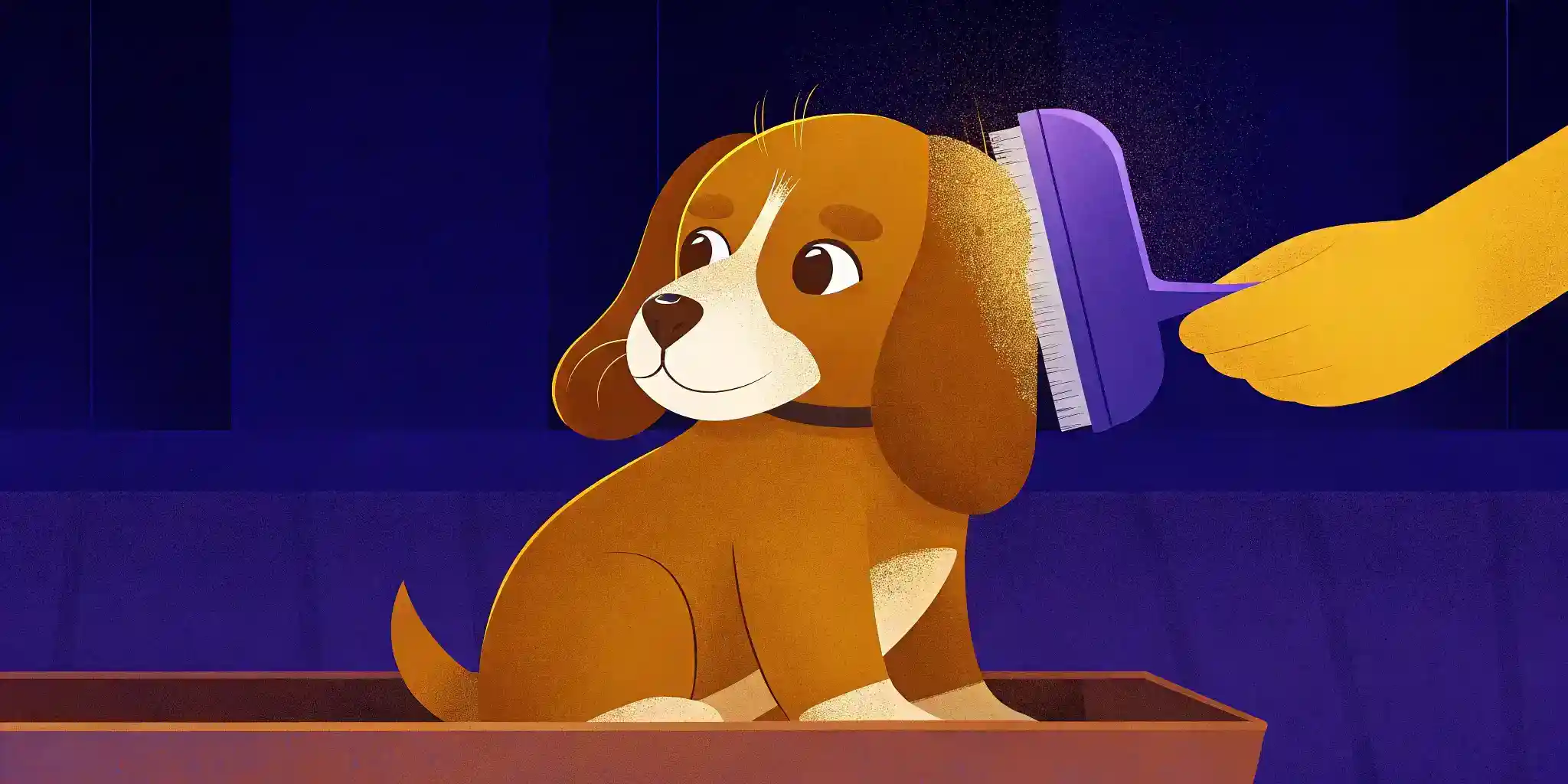 Puppy getting brushed with a slicker brush